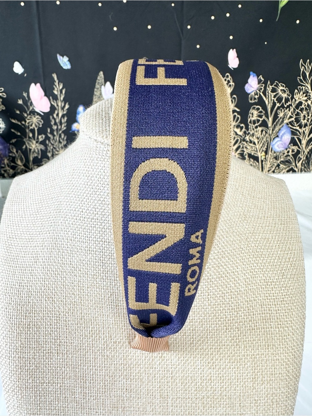 Luxury Fashion Knit Logo Headband in Navy and Tan